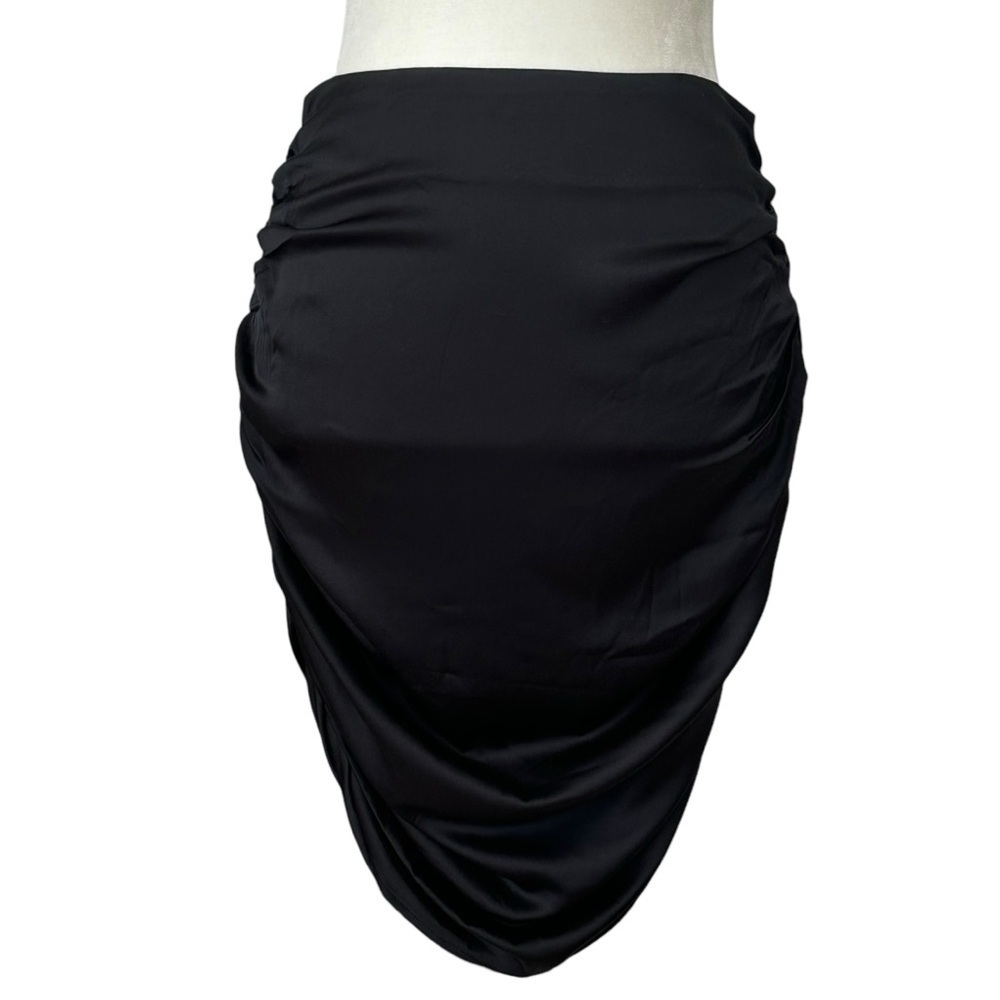 NEW CHASER Side Ruched Black Satin Midi Skirt‎ Size Small